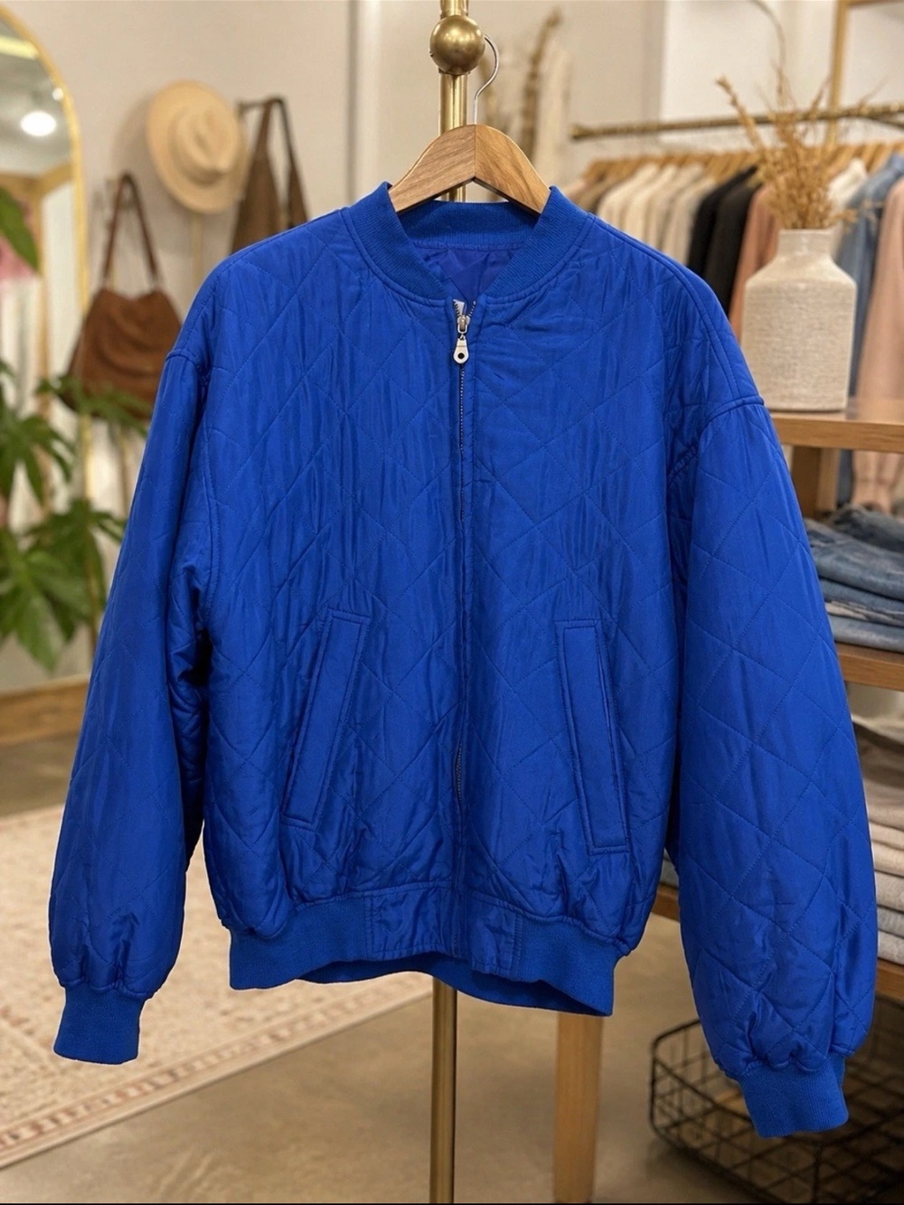 Vintage 100% Silk Bomber Jacket Blue Quilted Zip Women’s Medium Lightweight